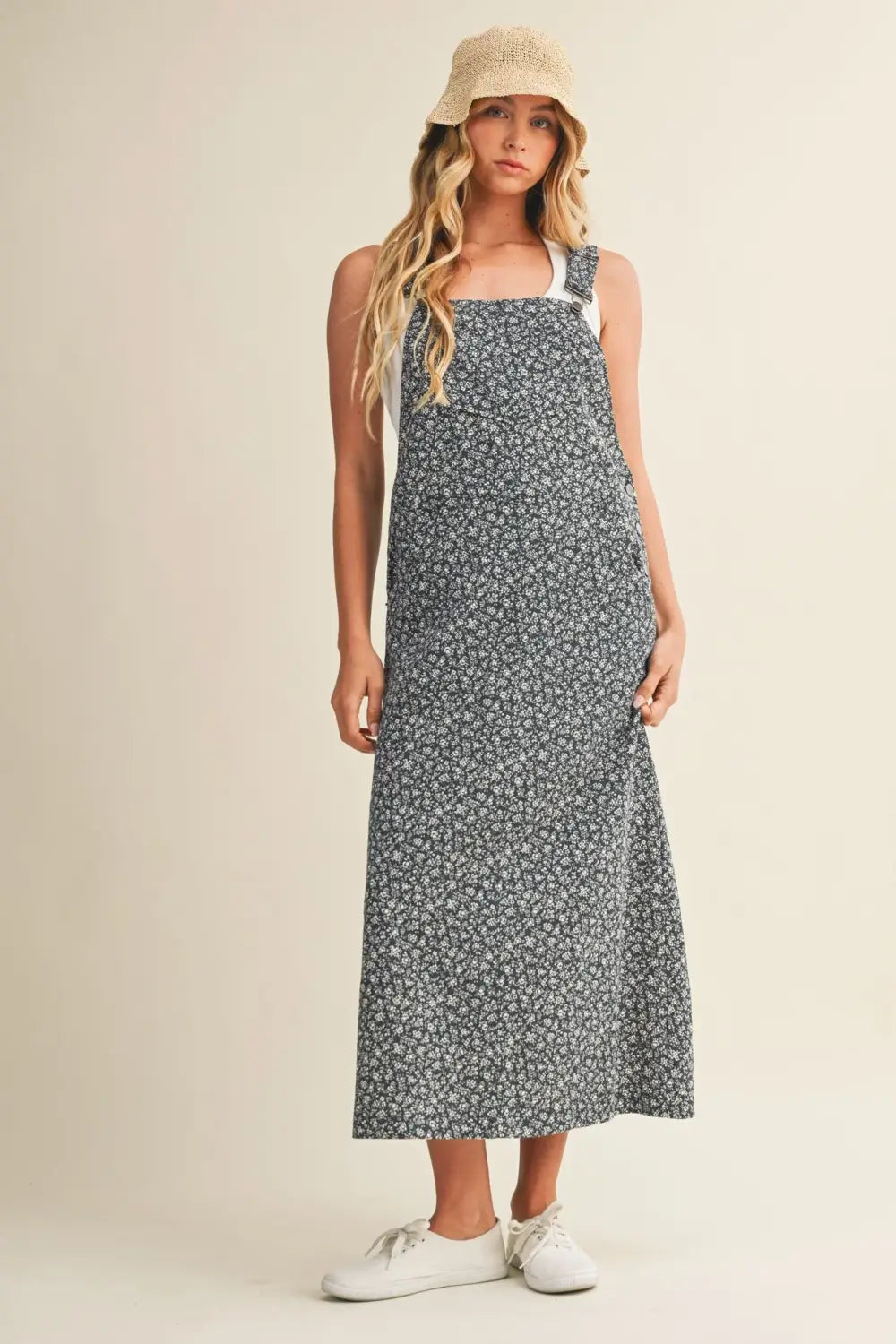 Navy blue ditsy floral print maxi dress with adjustable straps