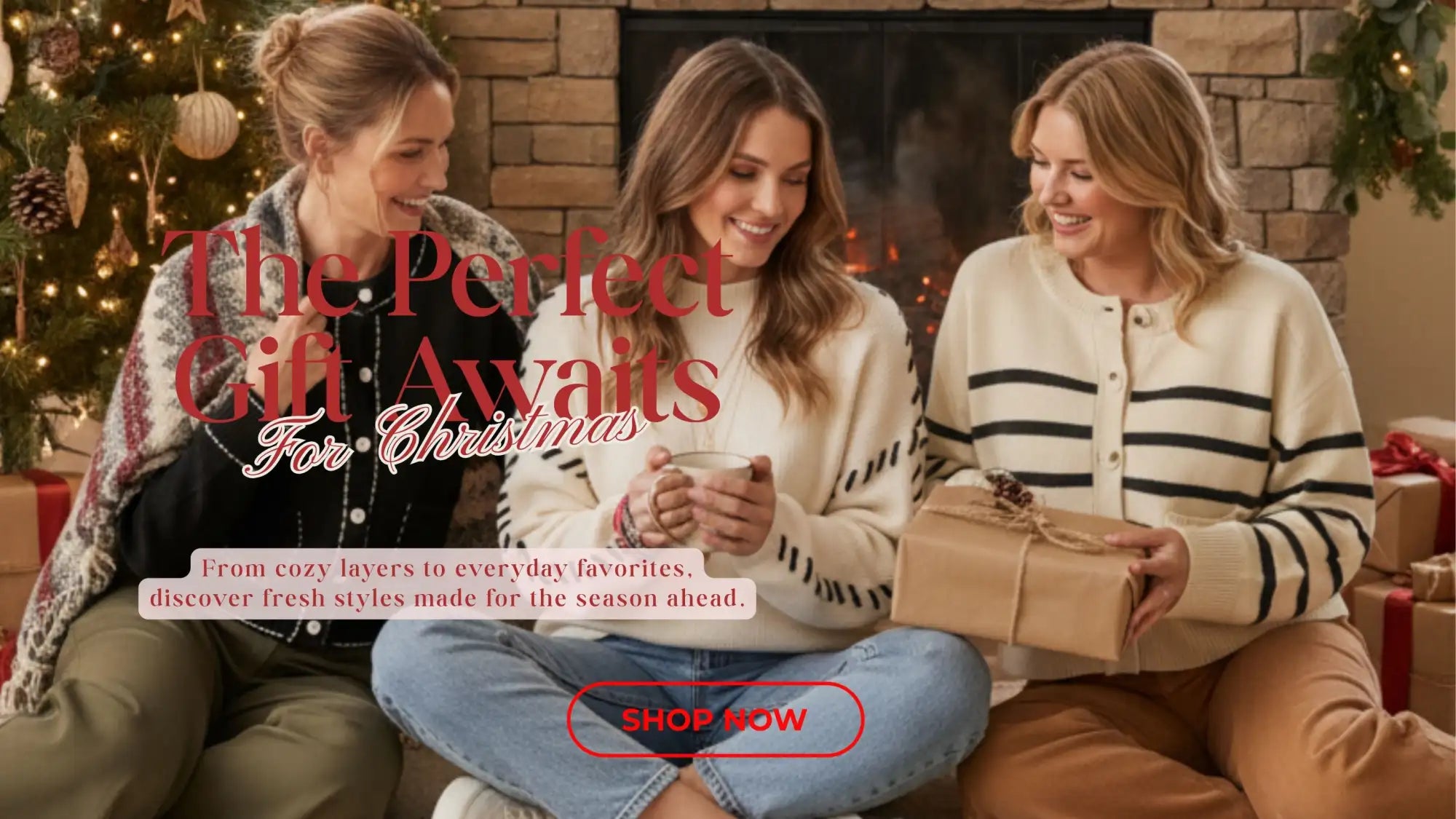 The perfect gift awaits for christmas promotional banner with red text over a festive scene of three women in cozy winter sweaters.