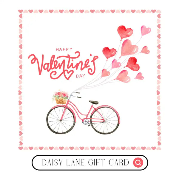 Pink bicycle with a flower basket and floating heart balloons in watercolor style.