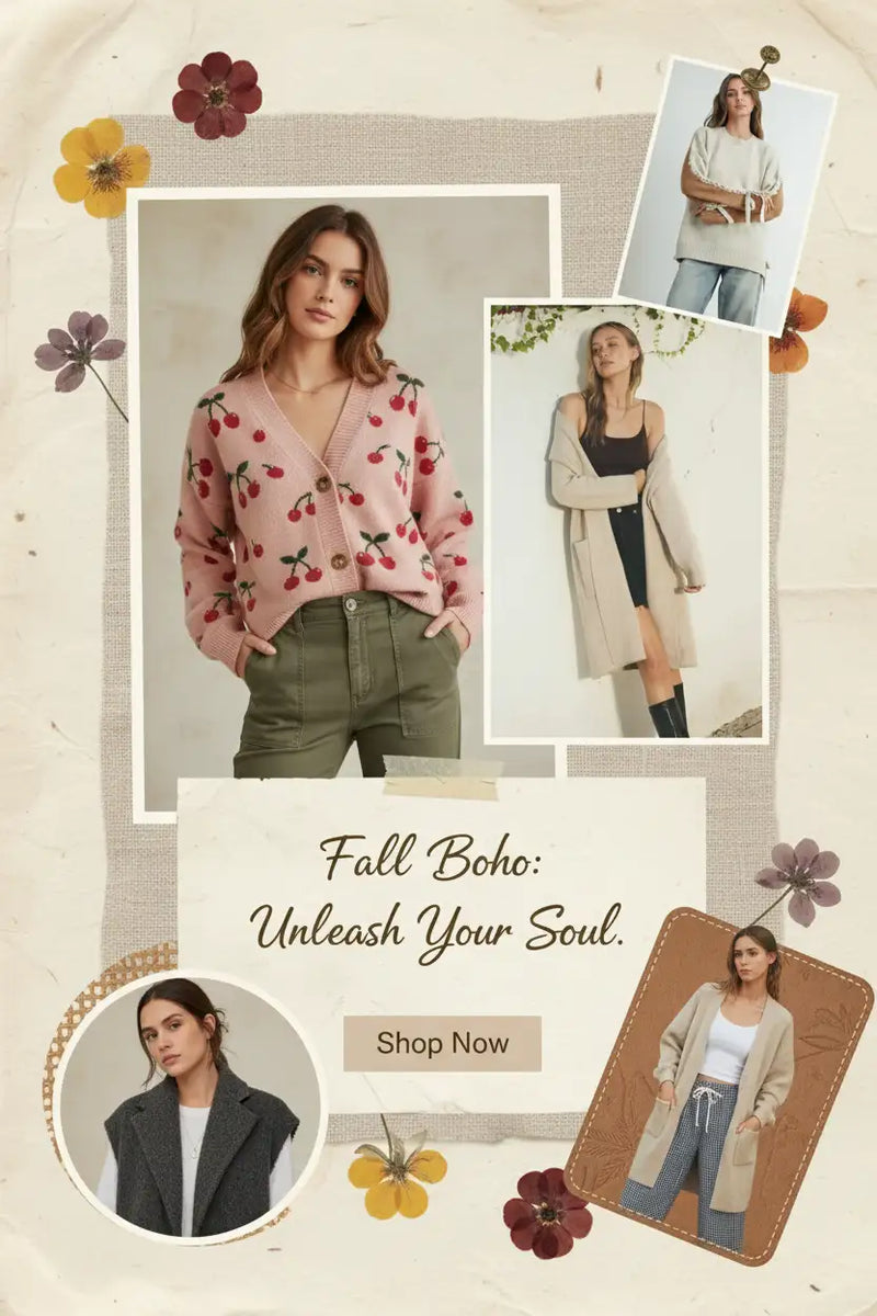 Pink cherry print sweater with green pants and black blazer.