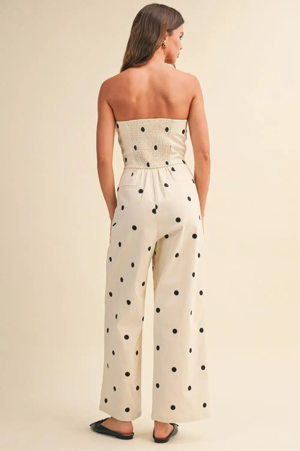The jumpsuit that does it all: our polka dot strapless wide