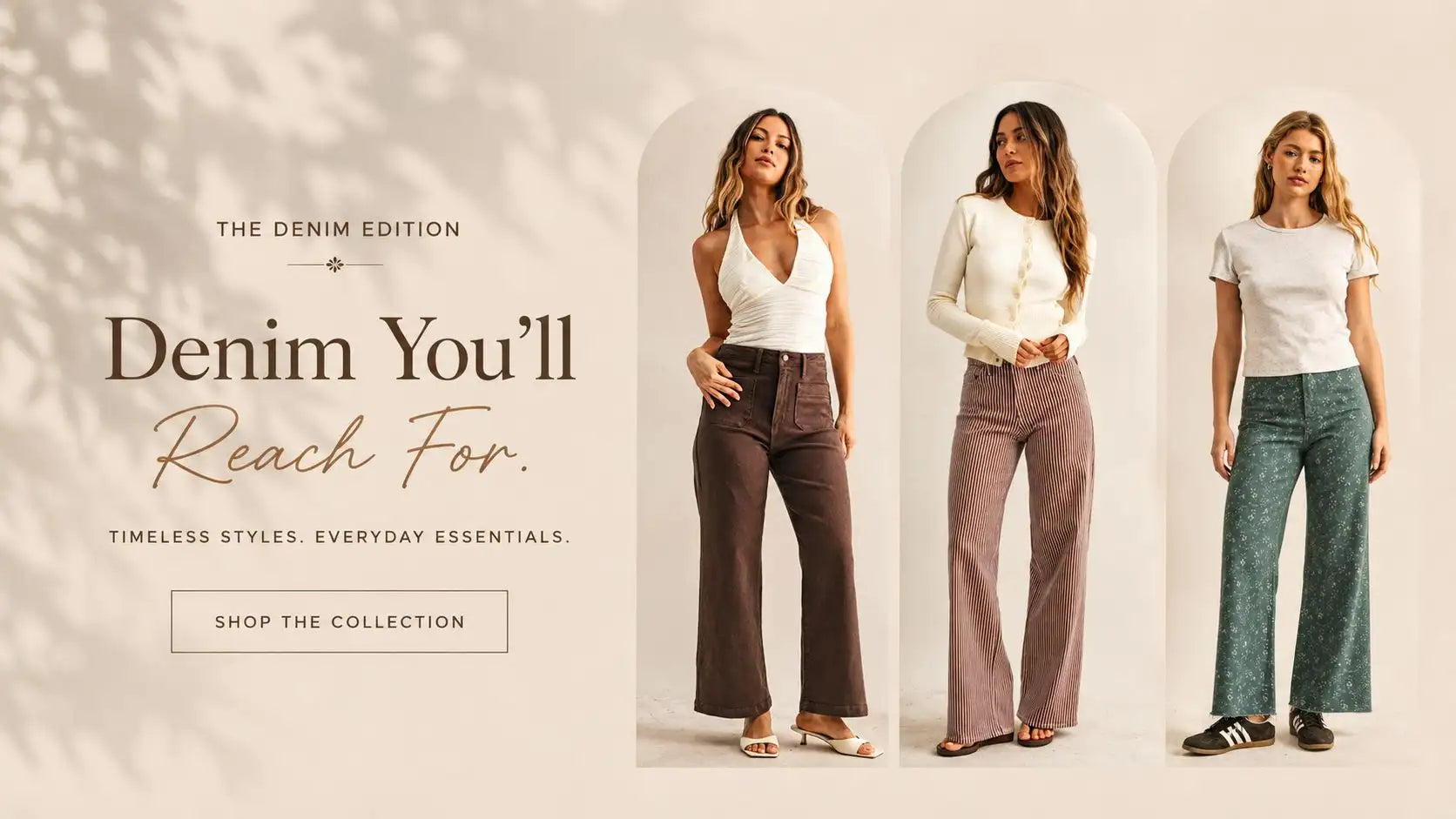 Three models showcase a collection of wide-leg denim pants in earthy tones, featuring high-waisted cuts and subtle patterns.