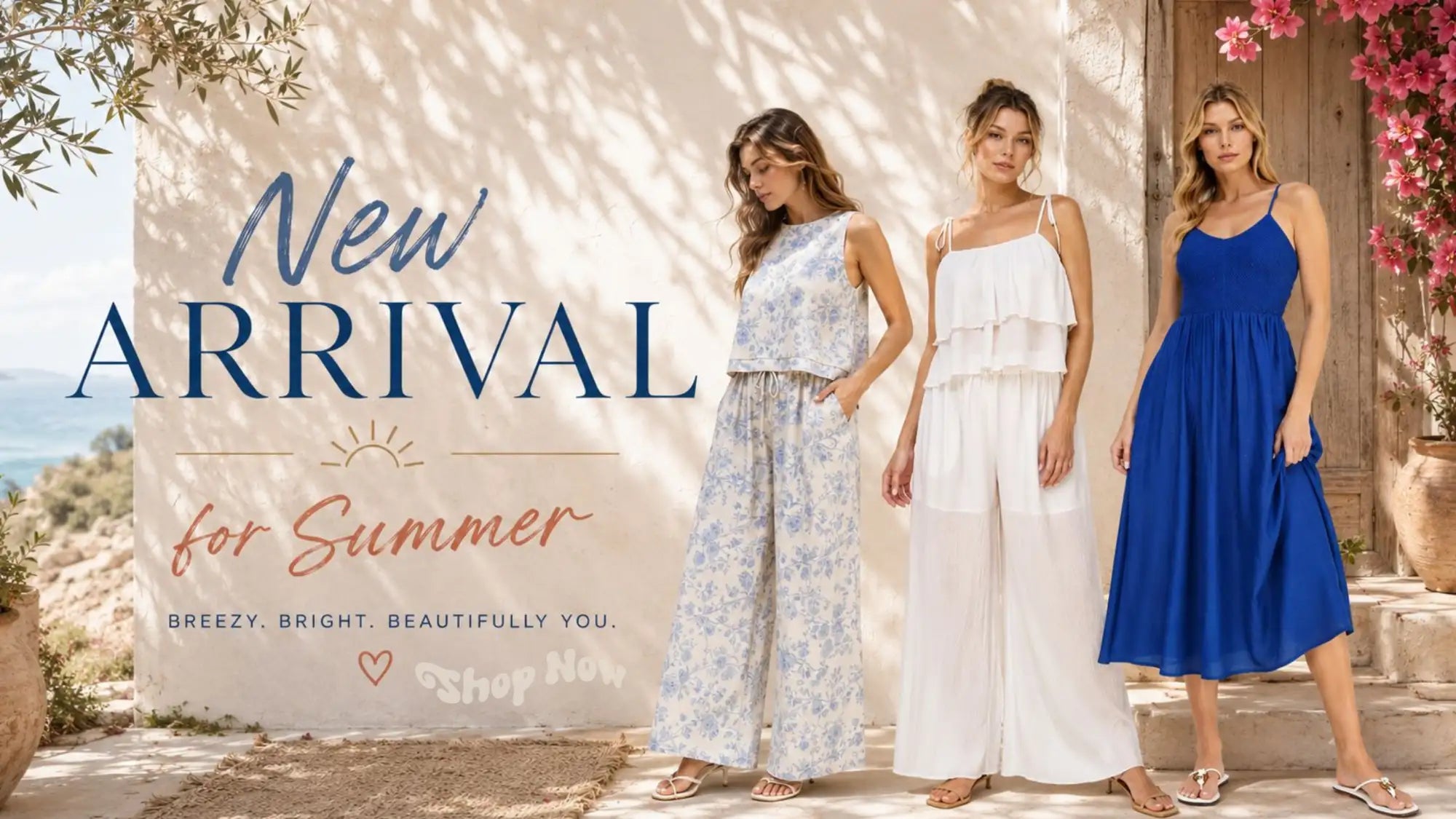 Three women model summer outfits, including a floral print jumpsuit and solid white and blue dresses.