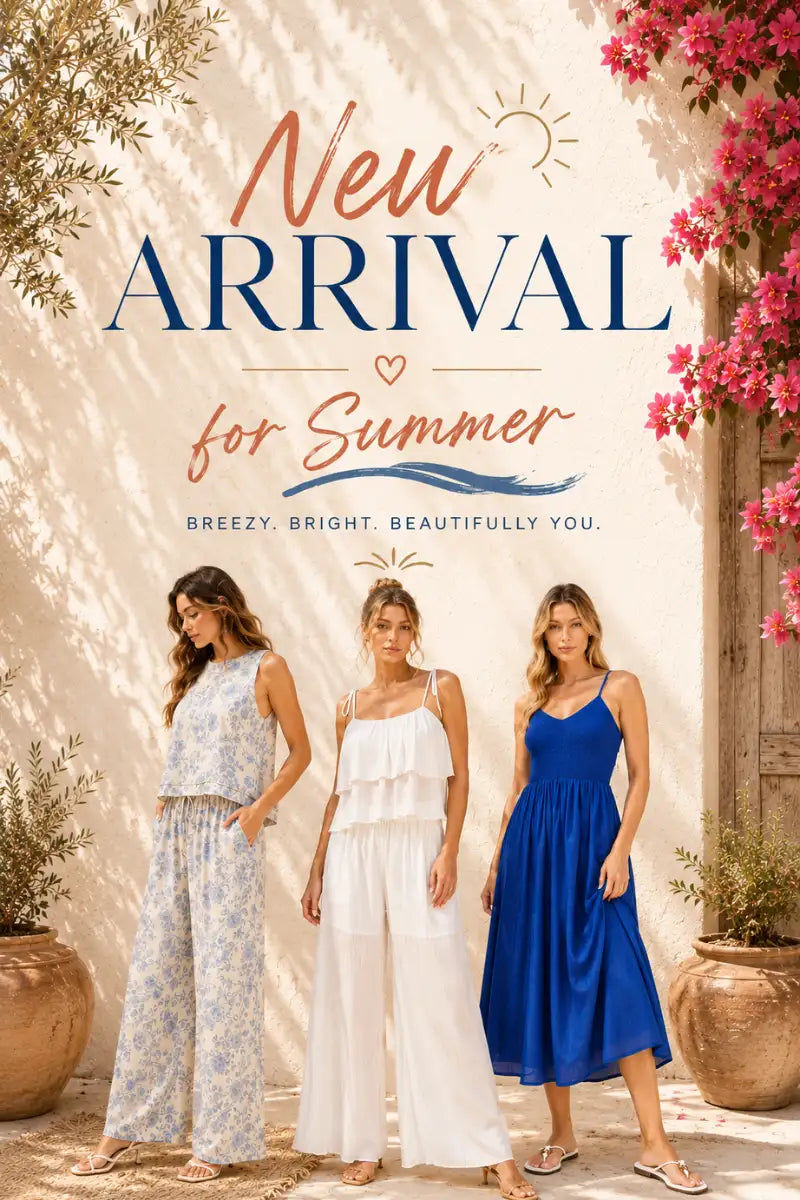 Three women model summer outfits: a floral print jumpsuit, white ruffled pants, and a solid blue dress.
