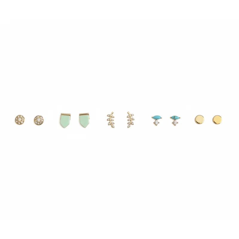 Versatile boho chic 10-piece gold stud earring set with gemstones