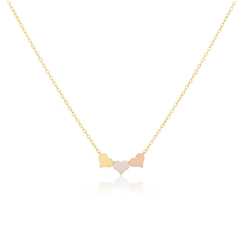 Three tone dainty hearts necklace in 14k yellow, white, rose gold