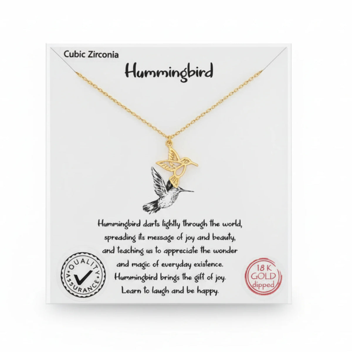 Gold dipped hummingbird necklace with cubic zirconia pendant, elegant dipped hummingbird jewelry