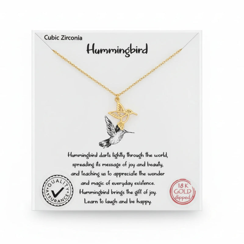 Gold dipped hummingbird necklace with cubic zirconia pendant, elegant dipped hummingbird jewelry