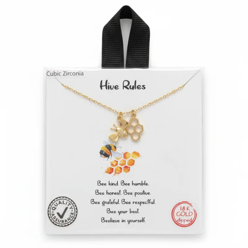 HIVE RULES GOLD Bee Necklace with 18k gold honeycomb design and cubic zirconia accents