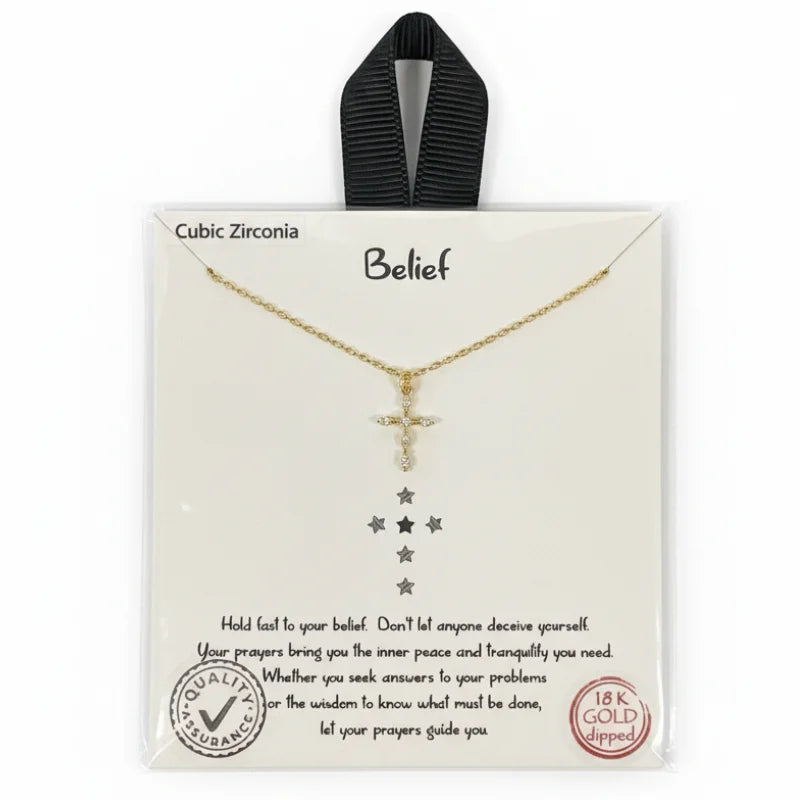 18k gold-plated belief gold cross pendant necklace with cubic zirconia stars