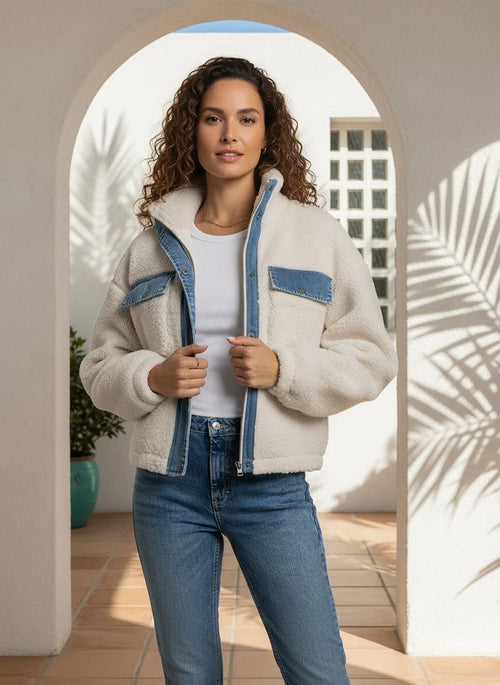 2023 winter shearling bomber jacket with denim accents and zipper, Supply Leona Jacket