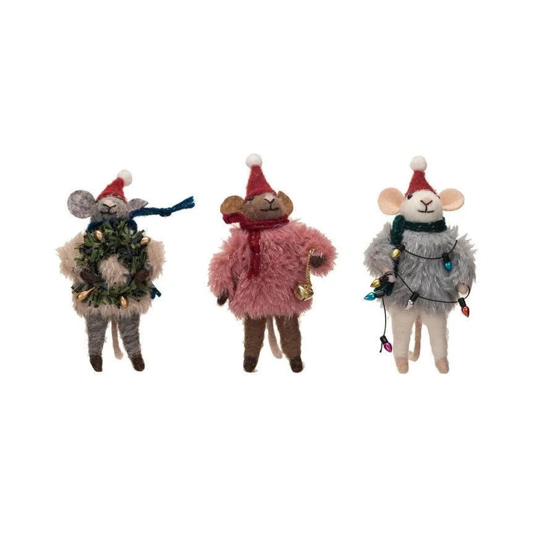 Holiday wool mouse ornament set featuring Santa hats, colorful coats, and wreaths