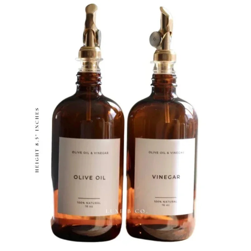 Amber glass dispenser set for olive oil and vinegar with brass spouts
