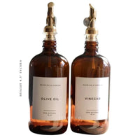 Amber glass dispenser set for olive oil and vinegar with brass spouts