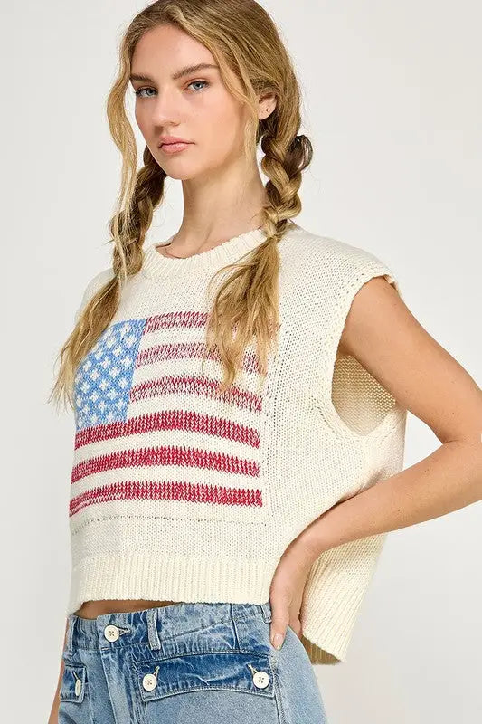 Knit pullover sweater vest featuring an American flag design for patriotic style