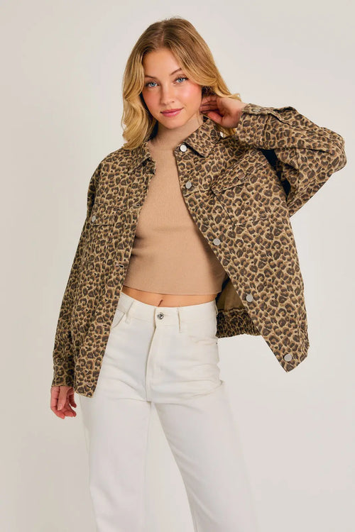 Animal leopard cheetah print oversized jacket over beige crop top and white pants