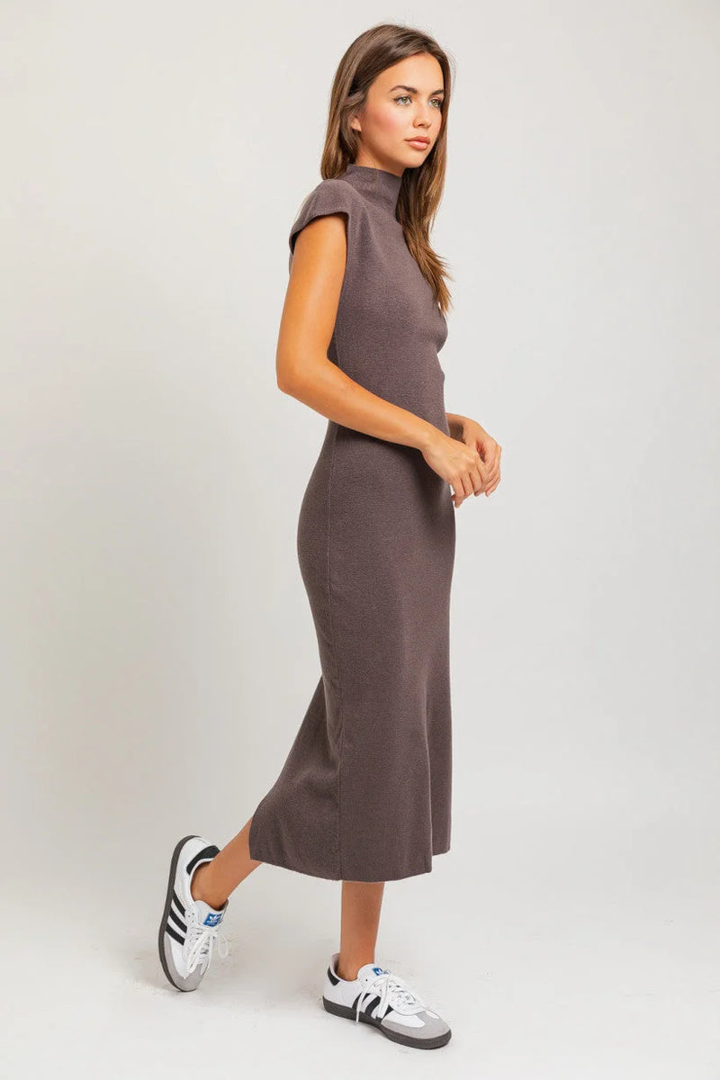 Form-fitting gray sweater midi dress with cap sleeves and white sneakers