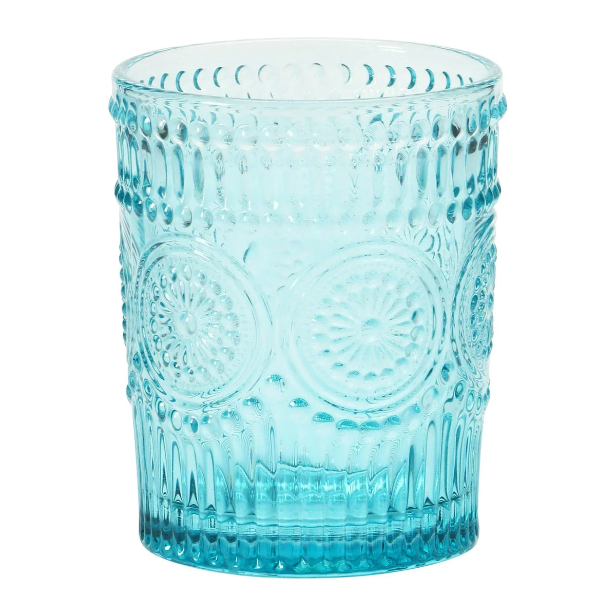 Aqua blue embossed drinking glass with ornate embossed pattern for 12oz beverage use
