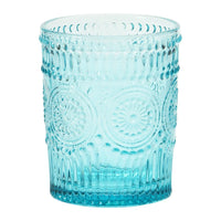 Aqua blue embossed drinking glass with ornate embossed pattern for 12oz beverage use