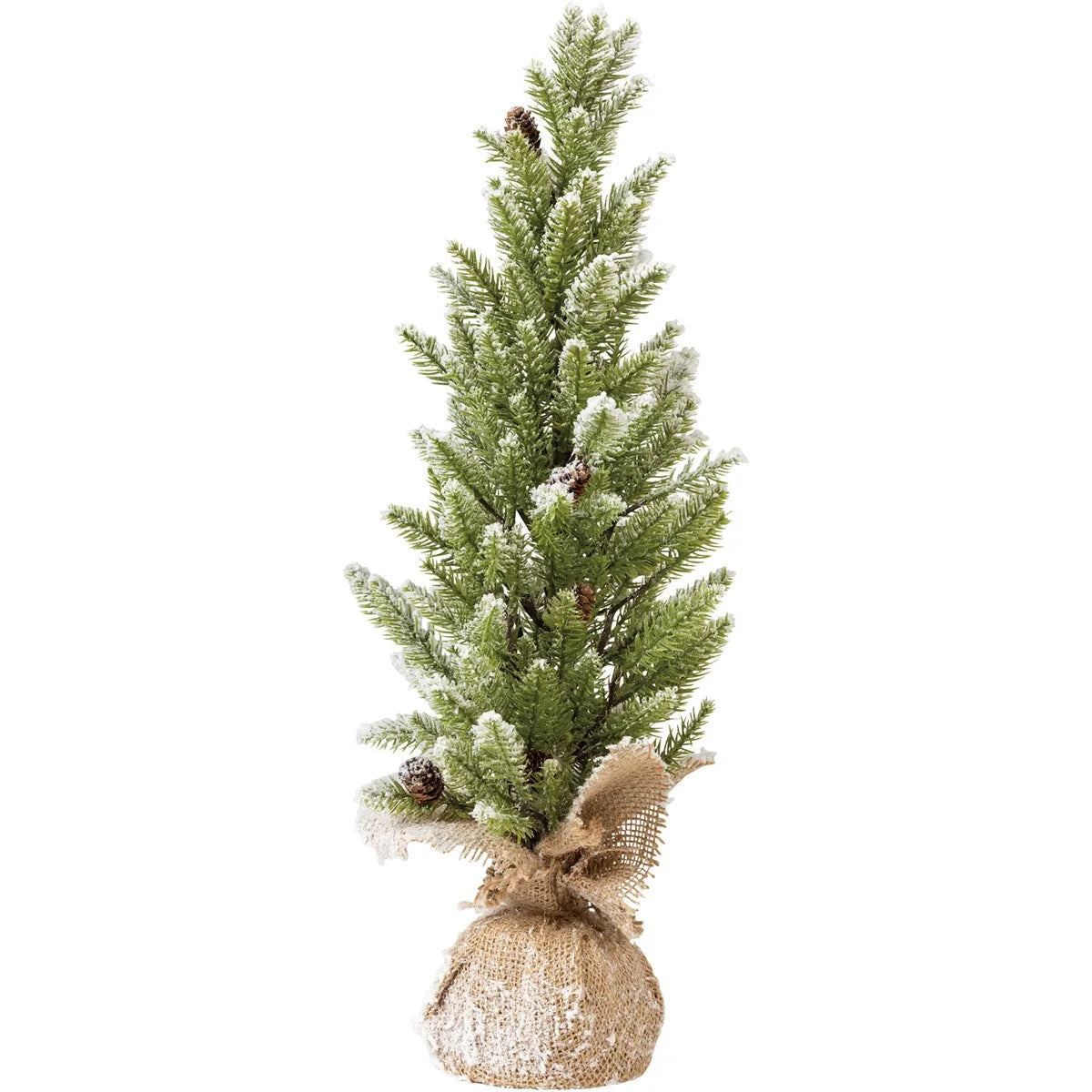 Flocked Mini Christmas Tree with burlap base and pinecones enhancing festive decor