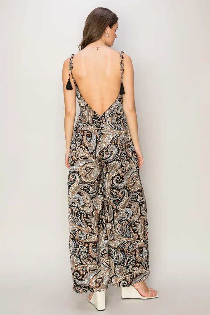 Backless paisley print jumpsuit featuring a stylish paisley pattern for chic outfits