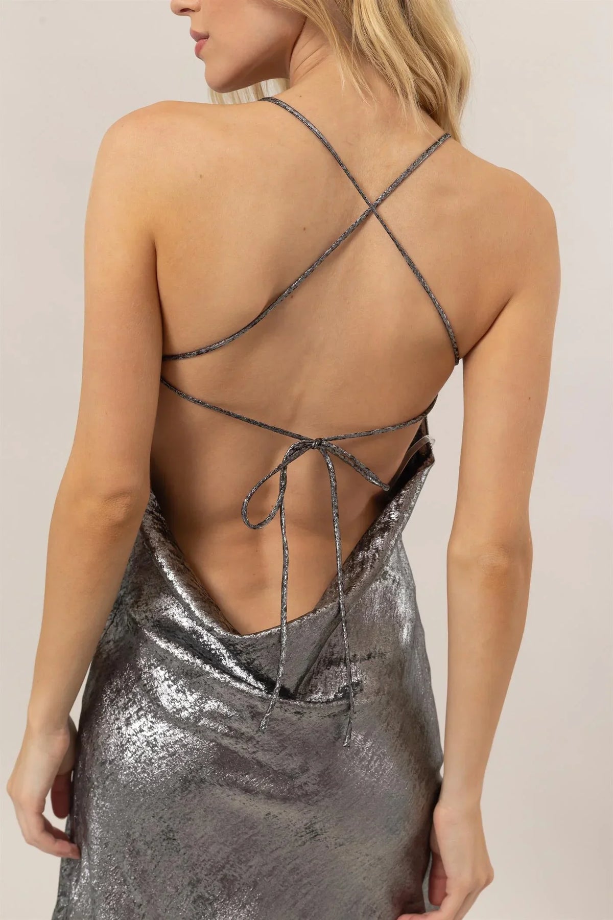 Backless silver sequined dress with thin straps in Women’s Boho Chic Clothing at Shop Daisy