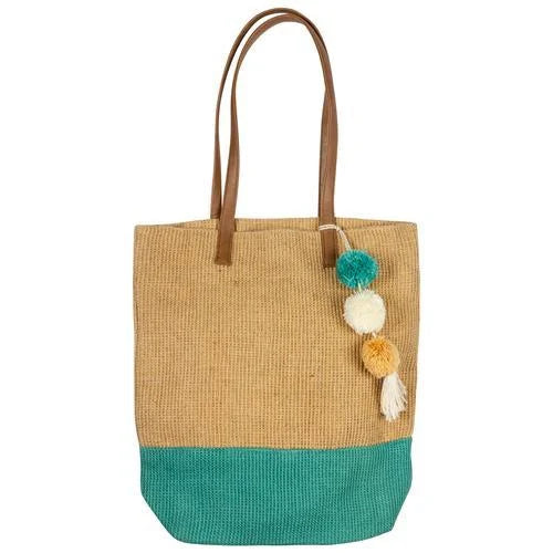 Green and tan TEAL & NATURAL JUTE TOTE showcasing a stylish natural jute design