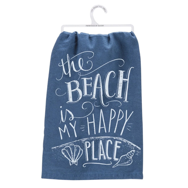 Beach is My Happy Place Dish Towel displayed with coordinating drawsack bag