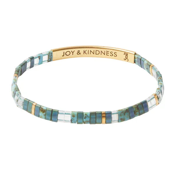 Beaded bracelet with turquoise and gold tones featuring JOY & KINDNESS on a gold bar, Japanese glass Miyuki