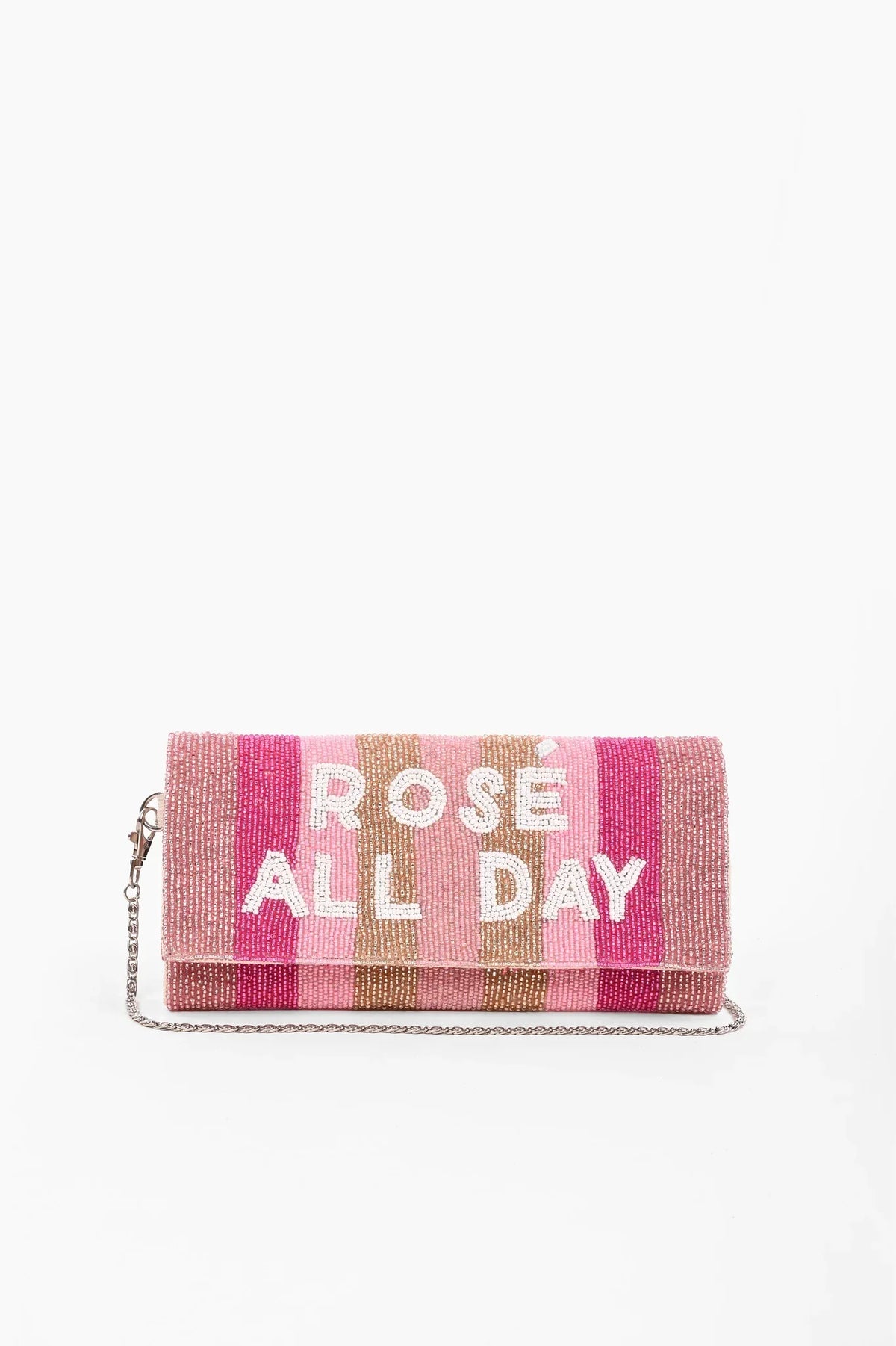 Beaded clutch purse with ROSÉ ALL DAY text in pink and white stripes for boho style