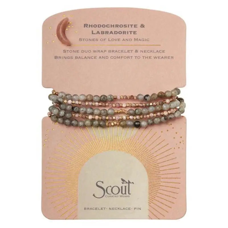 Beaded wrap bracelet and necklace set with semi-precious stone beads and crescent moon pendant