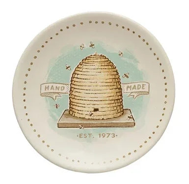 Beehive illustration on a decorative stoneware plate, Hand Made, Est. 1973, boho style