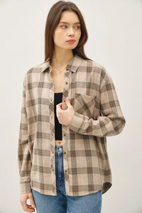 Beige and brown small plaid classic cotton small shirt with chest pocket