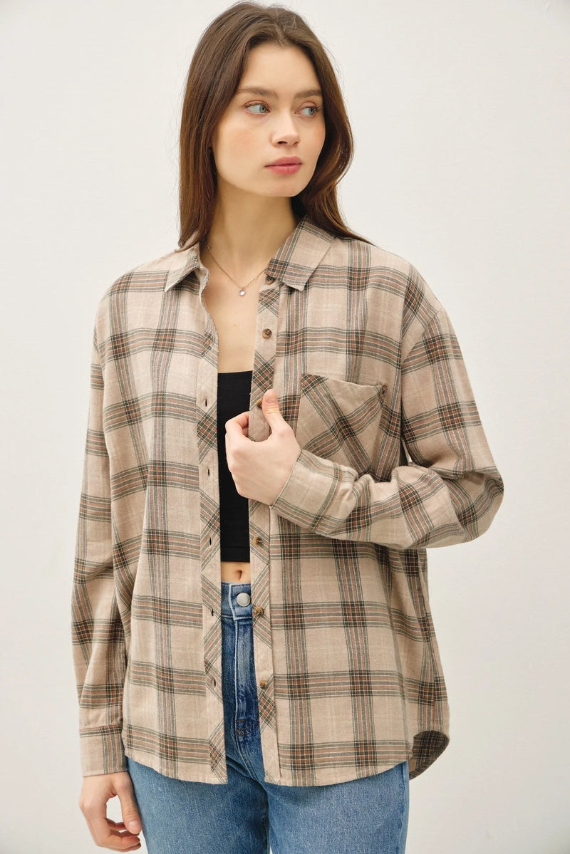 Beige and brown small plaid classic cotton small shirt with chest pocket