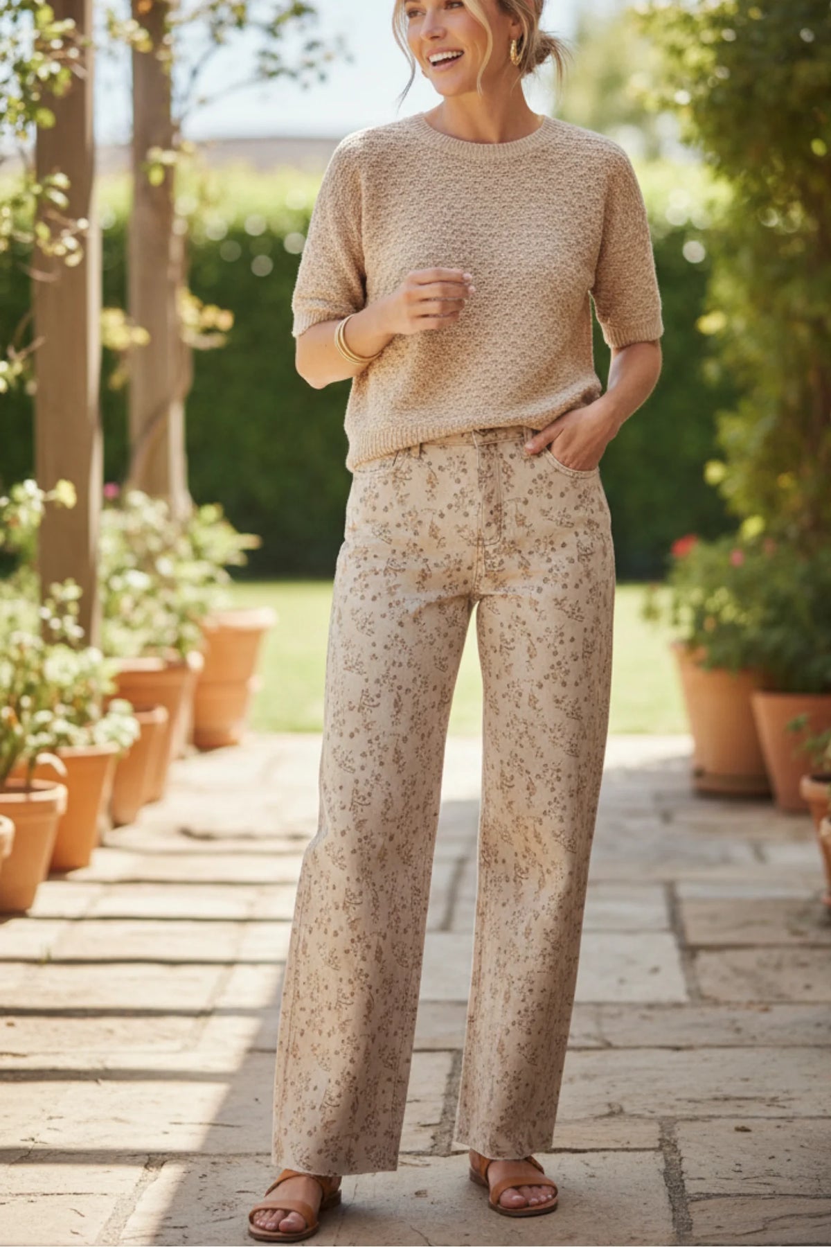 Floral print stretched beige and brown speckled wide-leg pants with knit sweater