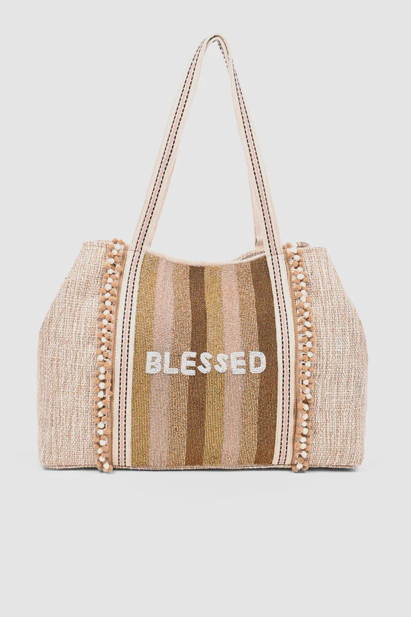 Beige and brown striped tote bag with blessed text and beaded straps for boho style