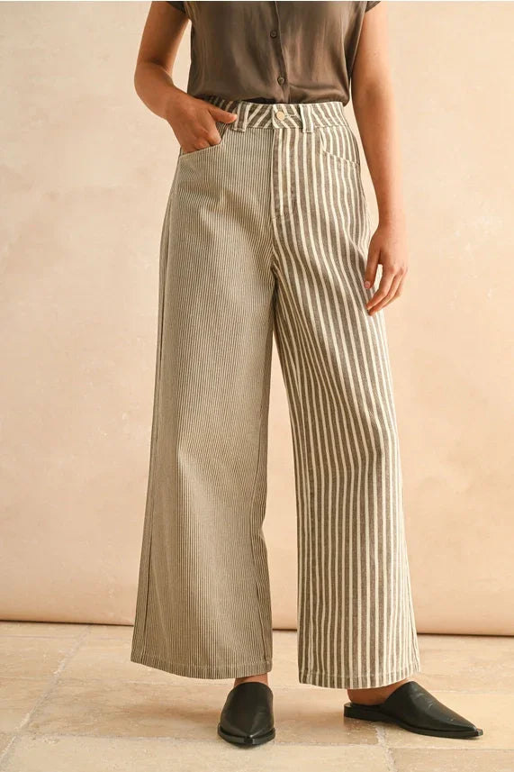 Beige and brown stripe fabric mixed pants in wide-leg linen style