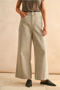 Beige and brown stripe fabric mixed pants in wide-leg linen style