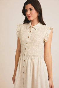 Beige button-down shirred ruffle sleeve midi dress for elegant occasion wear