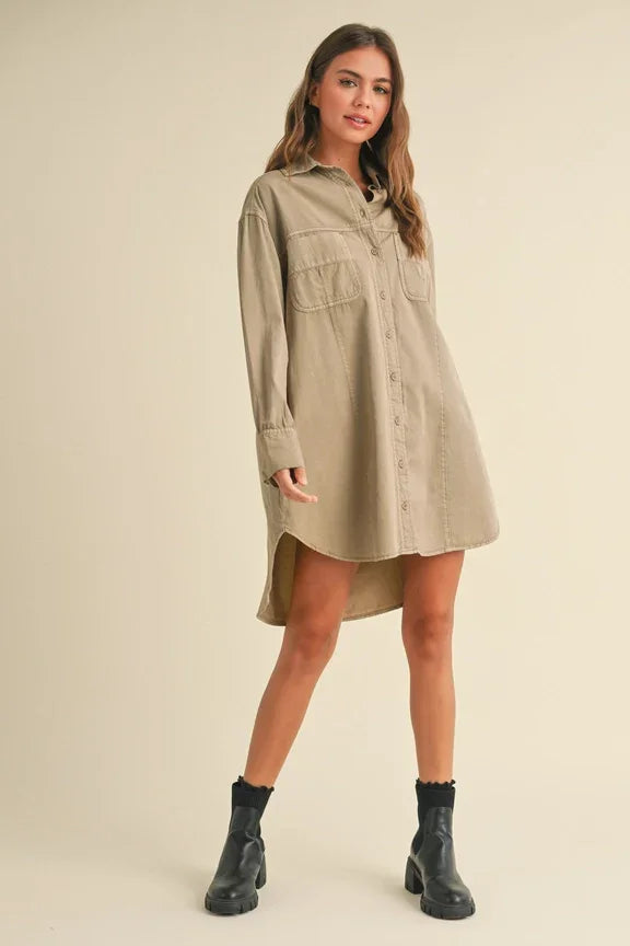 Beige button-down shirt dress with black combat boots for women’s boho chic clothing