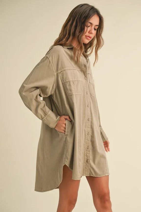 Beige button-down shirt dress with chest pockets, ideal for women’s boho chic clothing