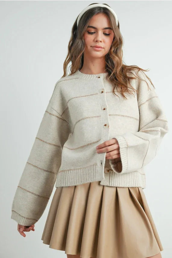Beige striped cardigan with button front and ribbed cuffs for women’s boho chic