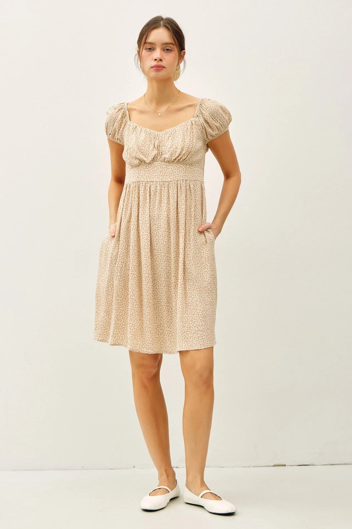 Beige floral print mini dress with puff sleeves and sweetheart neckline for women’s boho chic clothing