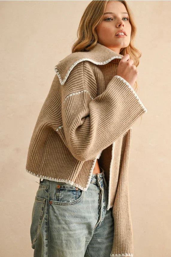 Beige corduroy cropped sweater cardigan with fur collar and pom-pom trim, stitch detailed sweater