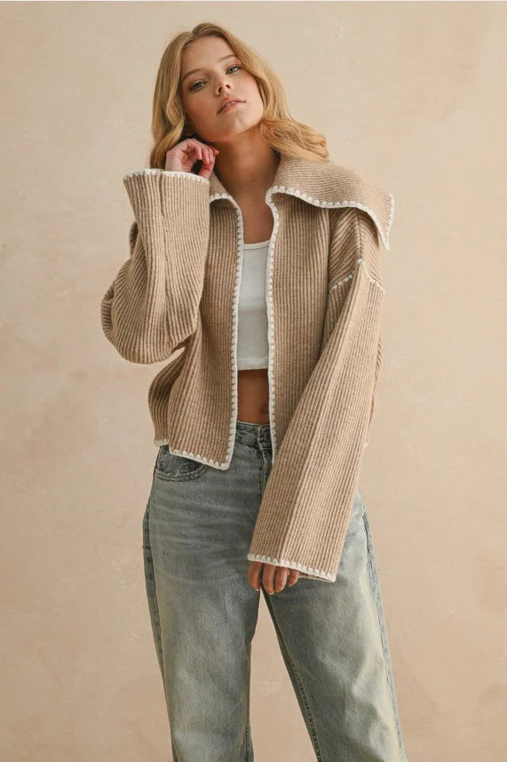 Beige corduroy cropped sweater cardigan with shearling collar and cuffs by Anthropologie