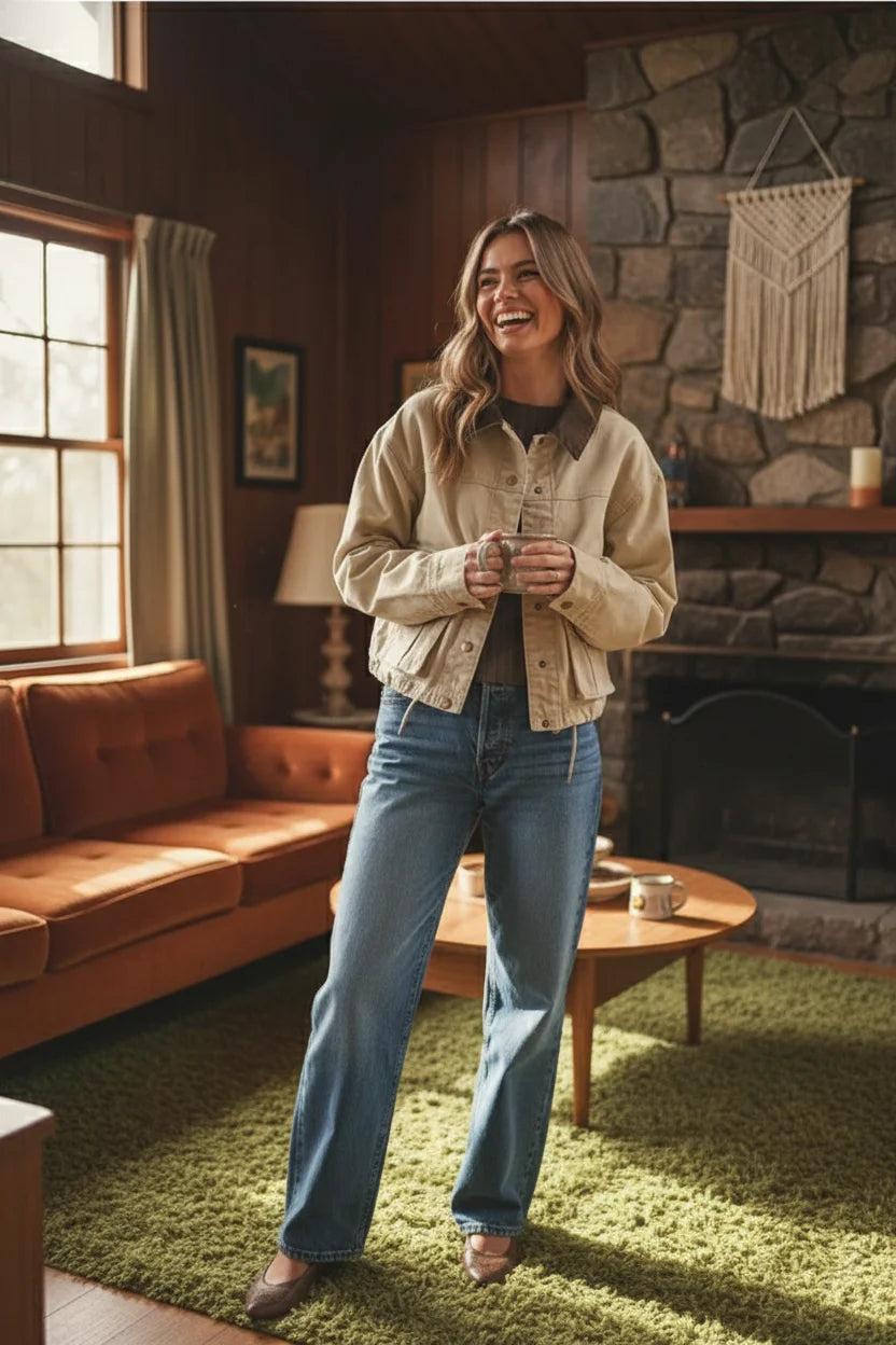 Beige collar contrasted utility jacket with flared jeans and brown boots