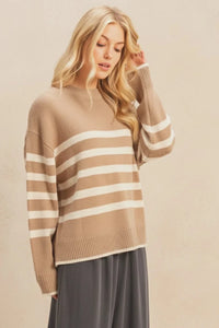 Beige and cream striped casual crew neck knit sweater with ribbed cuffs