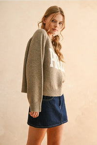 Beige Paris Letter Front Sweater showcasing women’s boho chic clothing from Shop Daisy