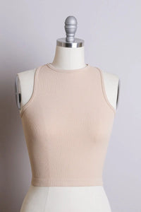 Beige high neck racerback brami top showcasing a stylish, modern design