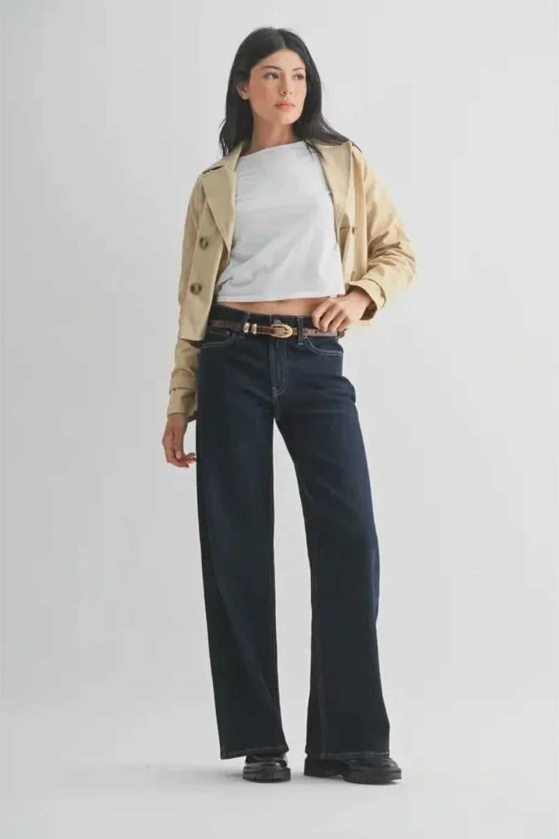 Beige double-breasted cropped jacket with black wide-leg jeans and white t-shirt in high rise full length straight denim